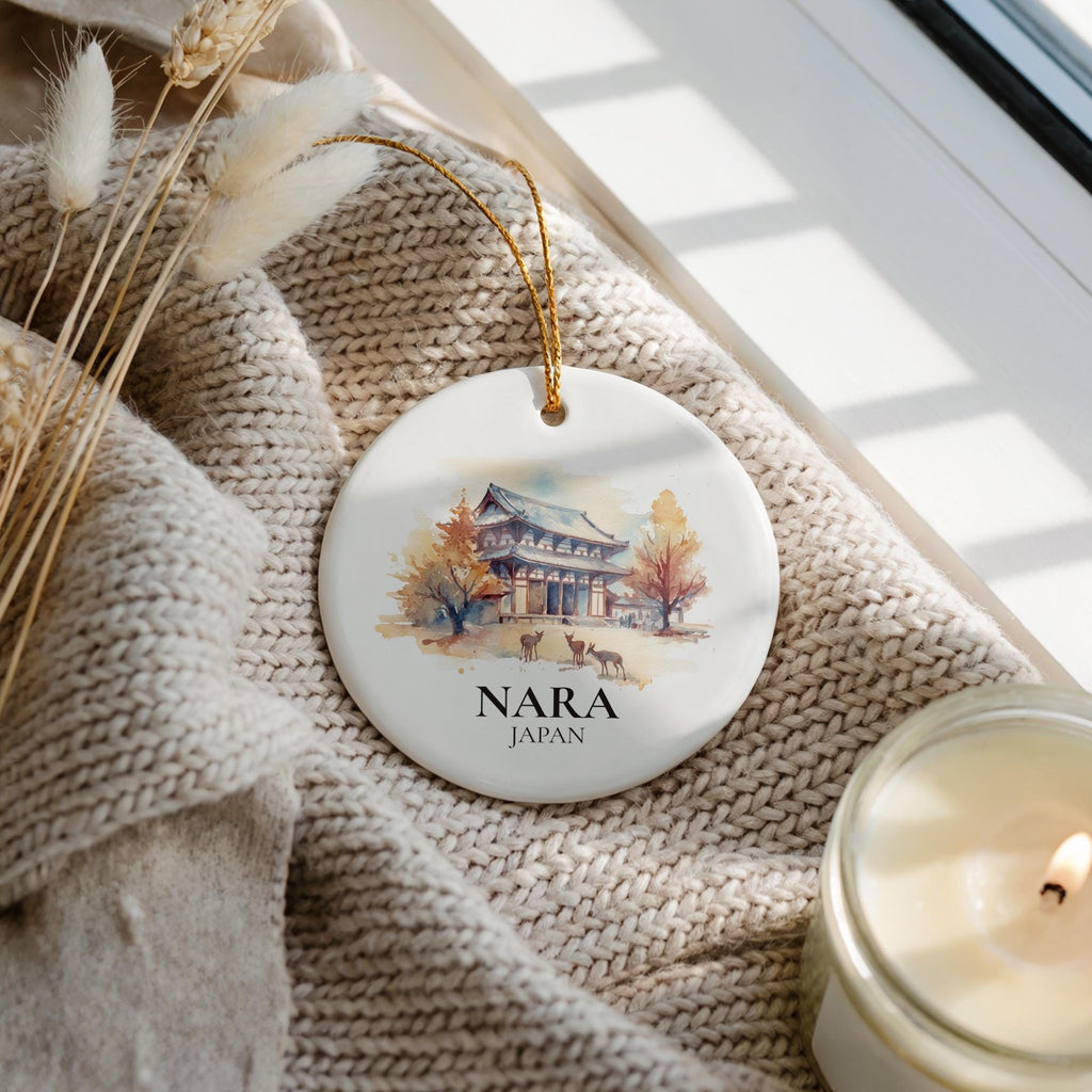 Nara Japan Personalized Watercolor Ornament, Custom Ceramic Christmas gift, Travel Keepsake - CuteBeePix