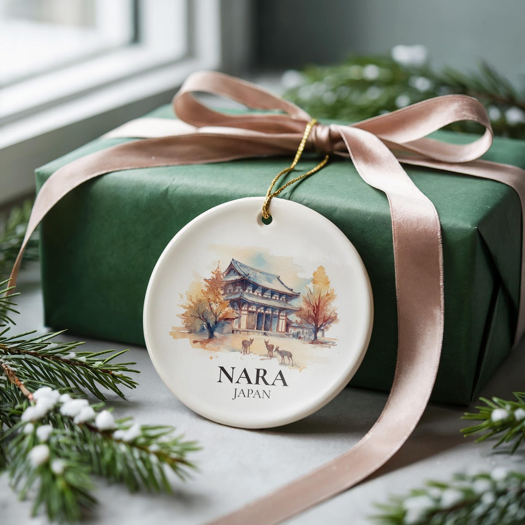Nara Japan Personalized Watercolor Ornament, Custom Ceramic Christmas gift, Travel Keepsake - CuteBeePix