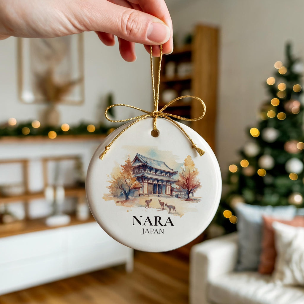 Nara Japan Personalized Watercolor Ornament, Custom Ceramic Christmas gift, Travel Keepsake - CuteBeePix