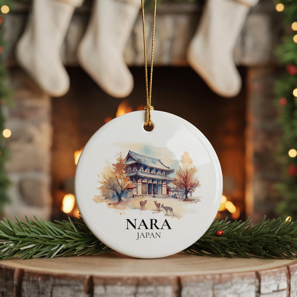 Nara Japan Personalized Watercolor Ornament, Custom Ceramic Christmas gift, Travel Keepsake - CuteBeePix