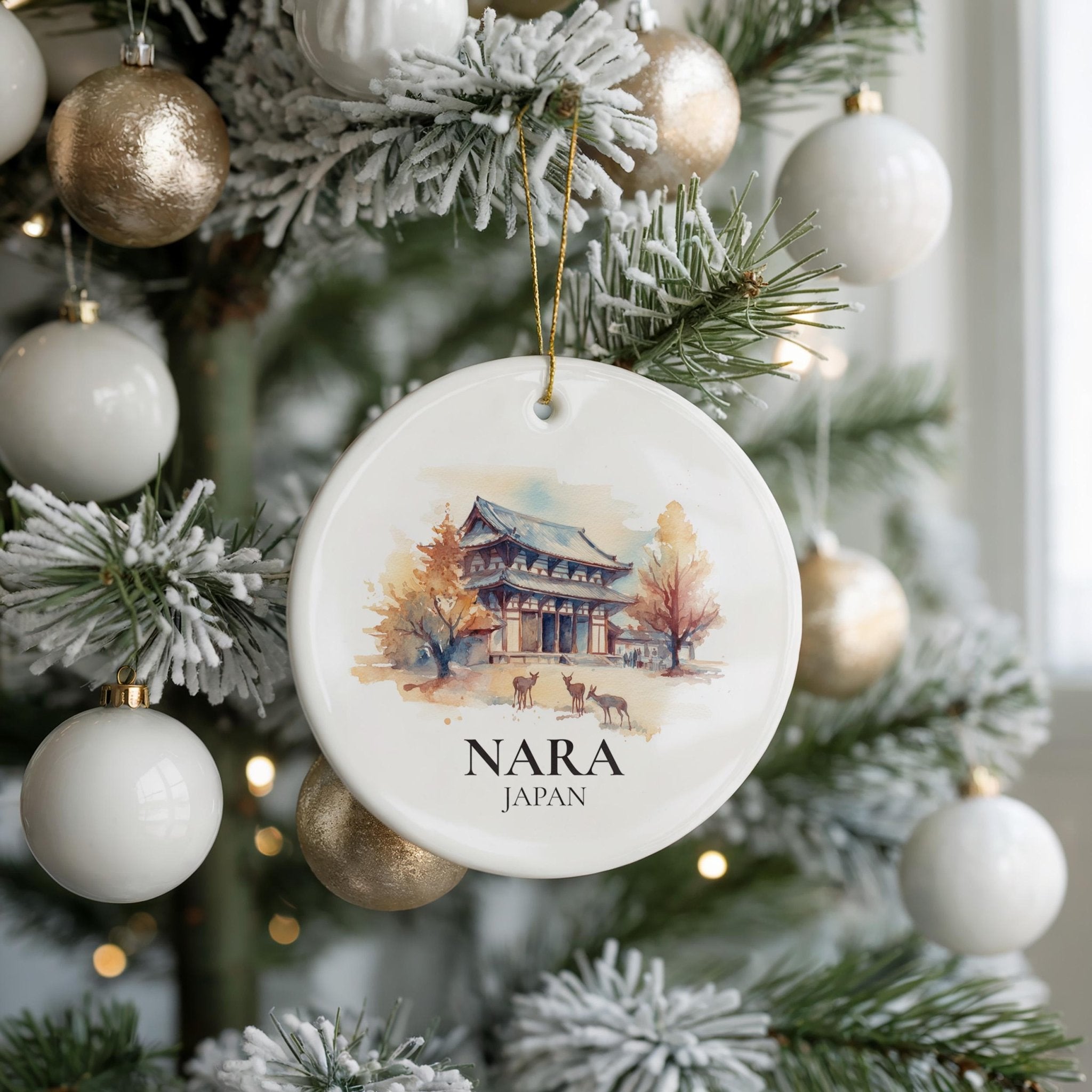 Nara Japan Personalized Watercolor Ornament, Custom Ceramic Christmas gift, Travel Keepsake - CuteBeePix