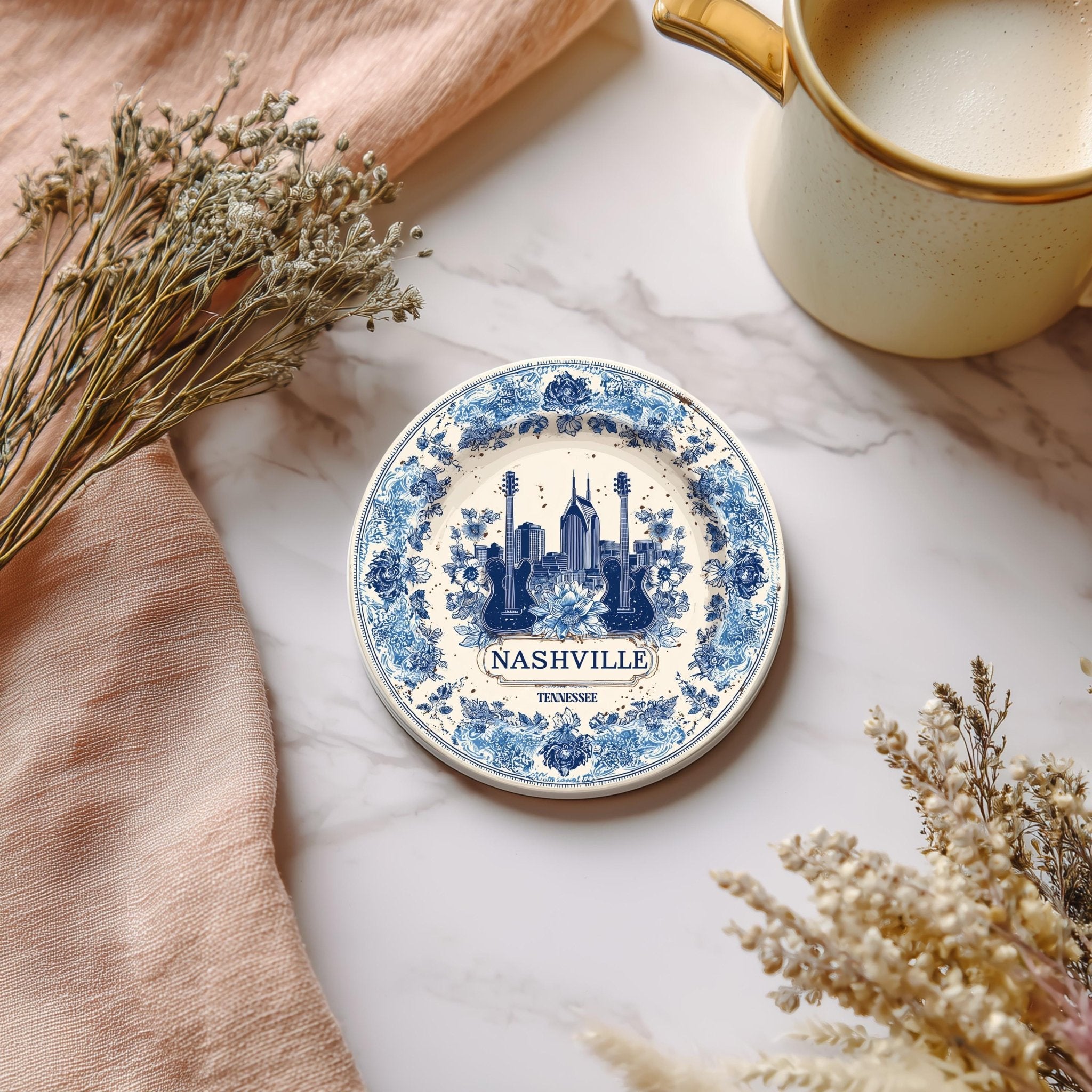 Nashville Tennessee Delftware Ceramic Coaster, Blue White Travel Gift, Vintage Home Decor Collectible - CuteBeePix