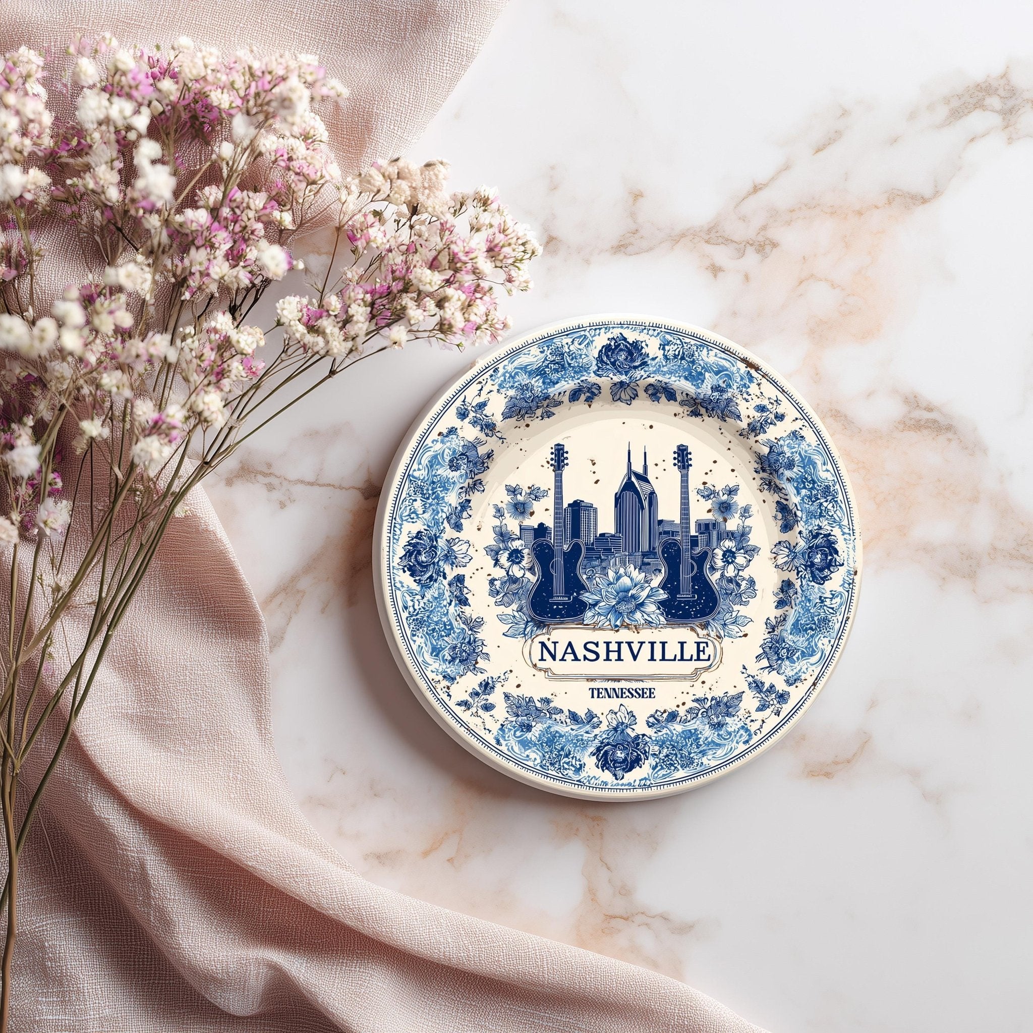 Nashville Tennessee Delftware Ceramic Coaster, Blue White Travel Gift, Vintage Home Decor Collectible - CuteBeePix