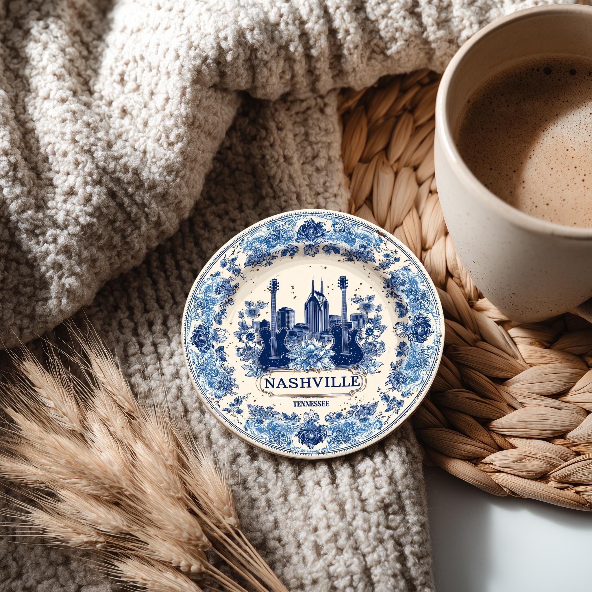 Nashville Tennessee Delftware Ceramic Coaster, Blue White Travel Gift, Vintage Home Decor Collectible - CuteBeePix