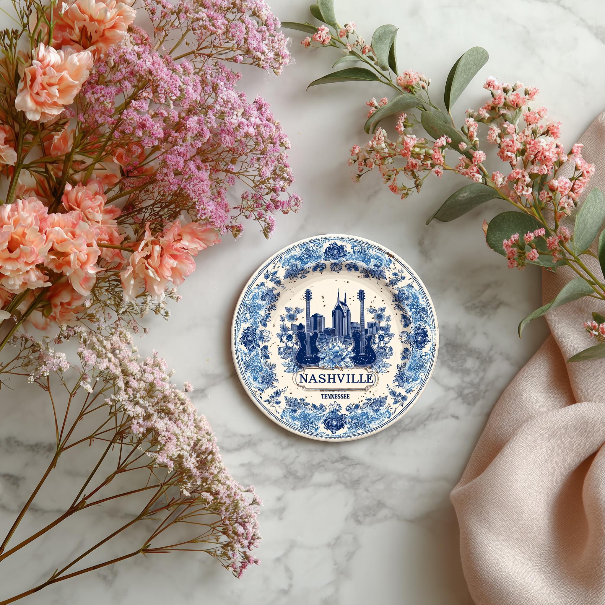 Nashville Tennessee Delftware Ceramic Coaster, Blue White Travel Gift, Vintage Home Decor Collectible - CuteBeePix