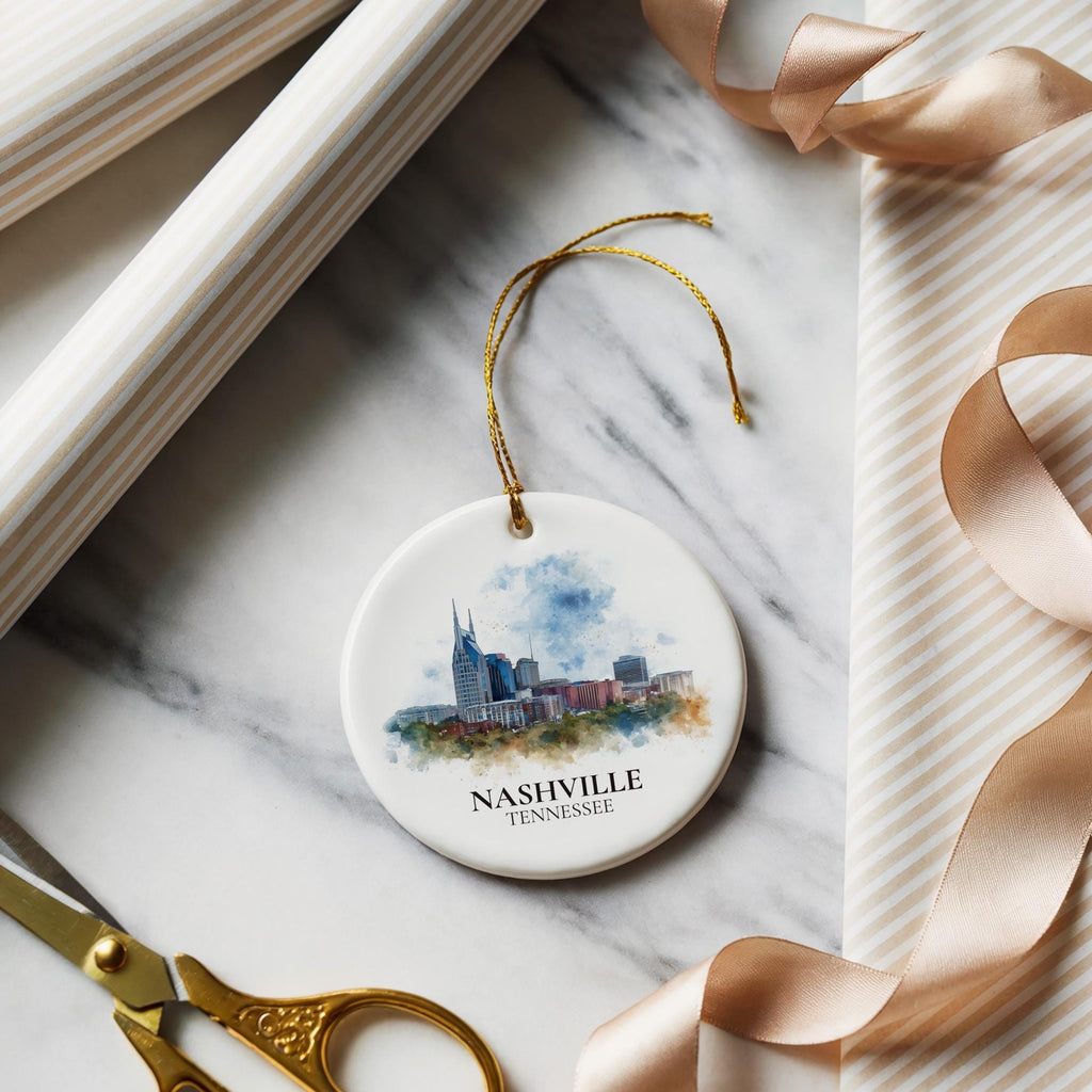 Nashville Tennessee Personalized Watercolor Ornament, Custom Ceramic Christmas gift, Travel Keepsake - CuteBeePix
