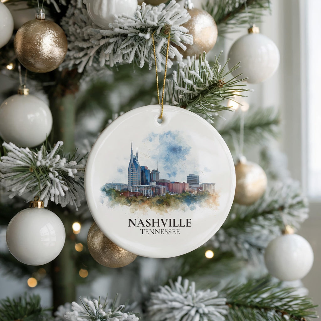 Nashville Tennessee Personalized Watercolor Ornament, Custom Ceramic Christmas gift, Travel Keepsake - CuteBeePix