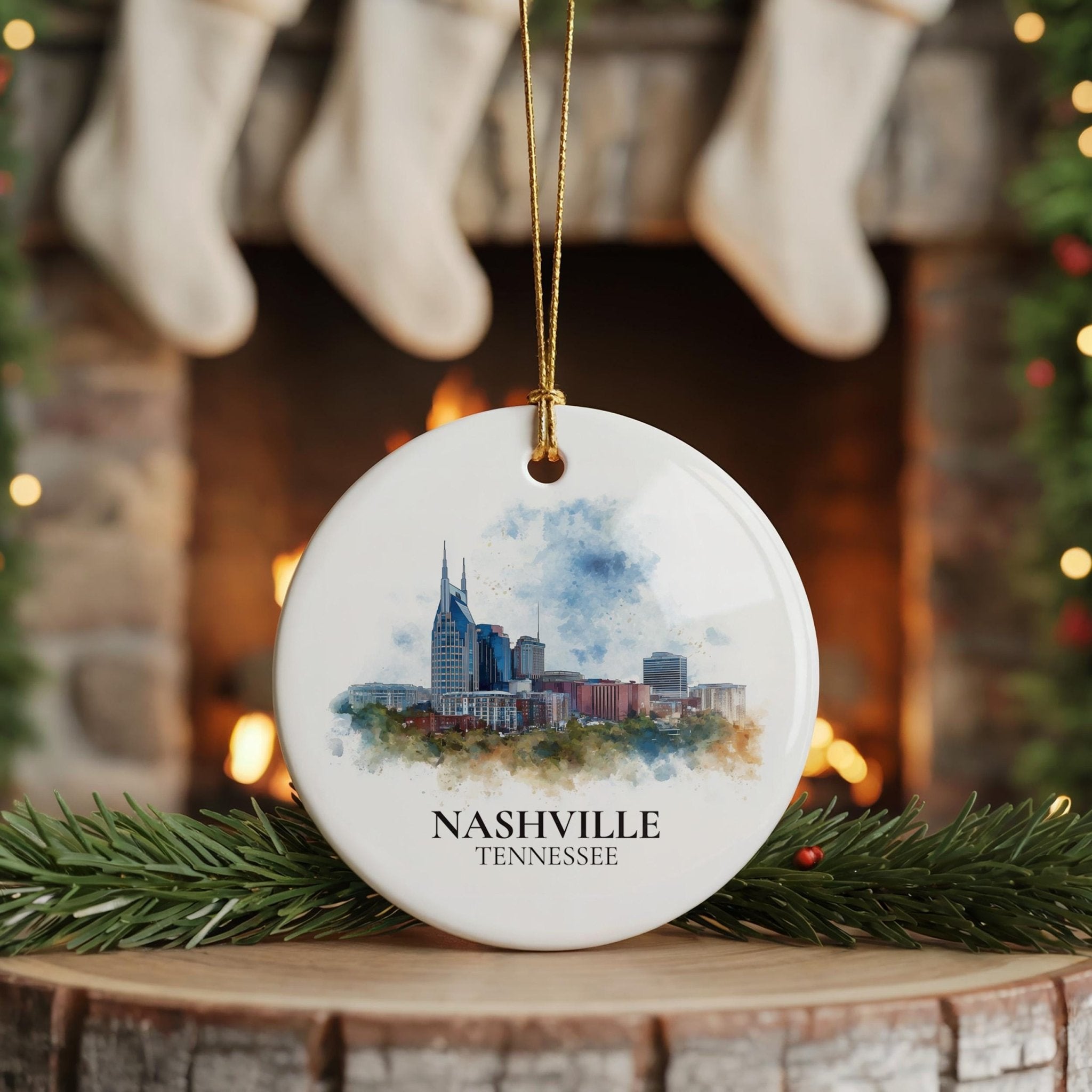 Nashville Tennessee Personalized Watercolor Ornament, Custom Ceramic Christmas gift, Travel Keepsake - CuteBeePix