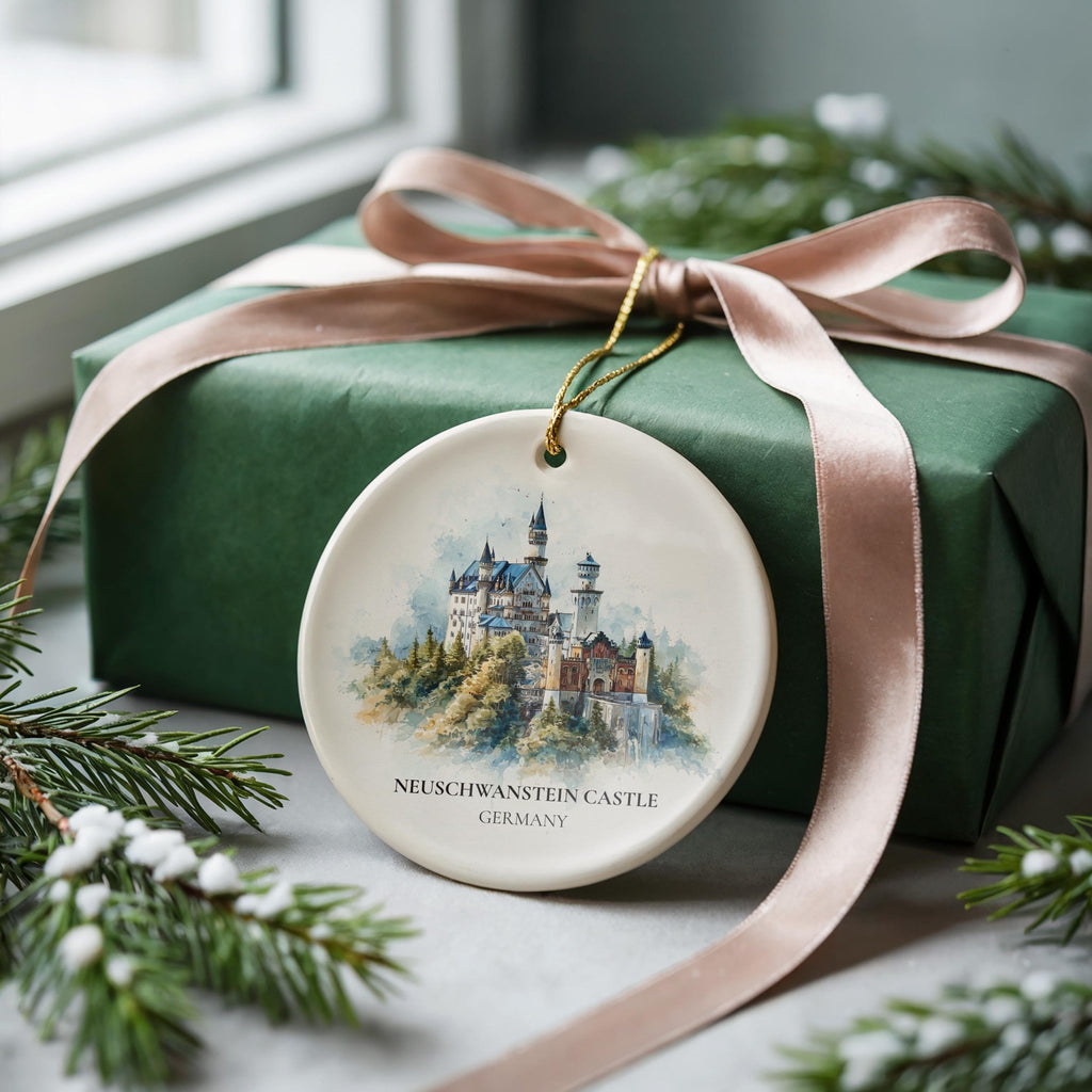 Neuschwanstein Castle Germany Personalized Watercolor Ornament, Custom Ceramic Christmas gift, Travel Keepsake - CuteBeePix