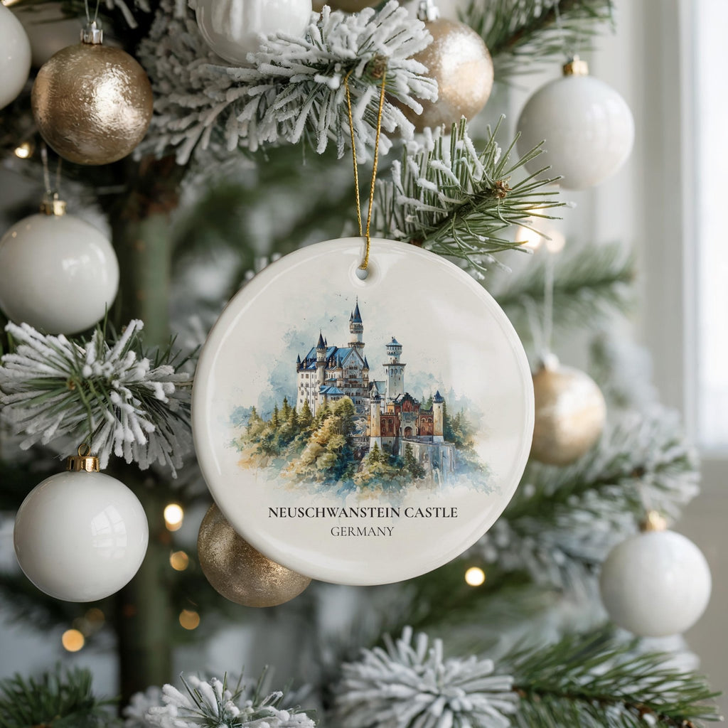 Neuschwanstein Castle Germany Personalized Watercolor Ornament, Custom Ceramic Christmas gift, Travel Keepsake - CuteBeePix
