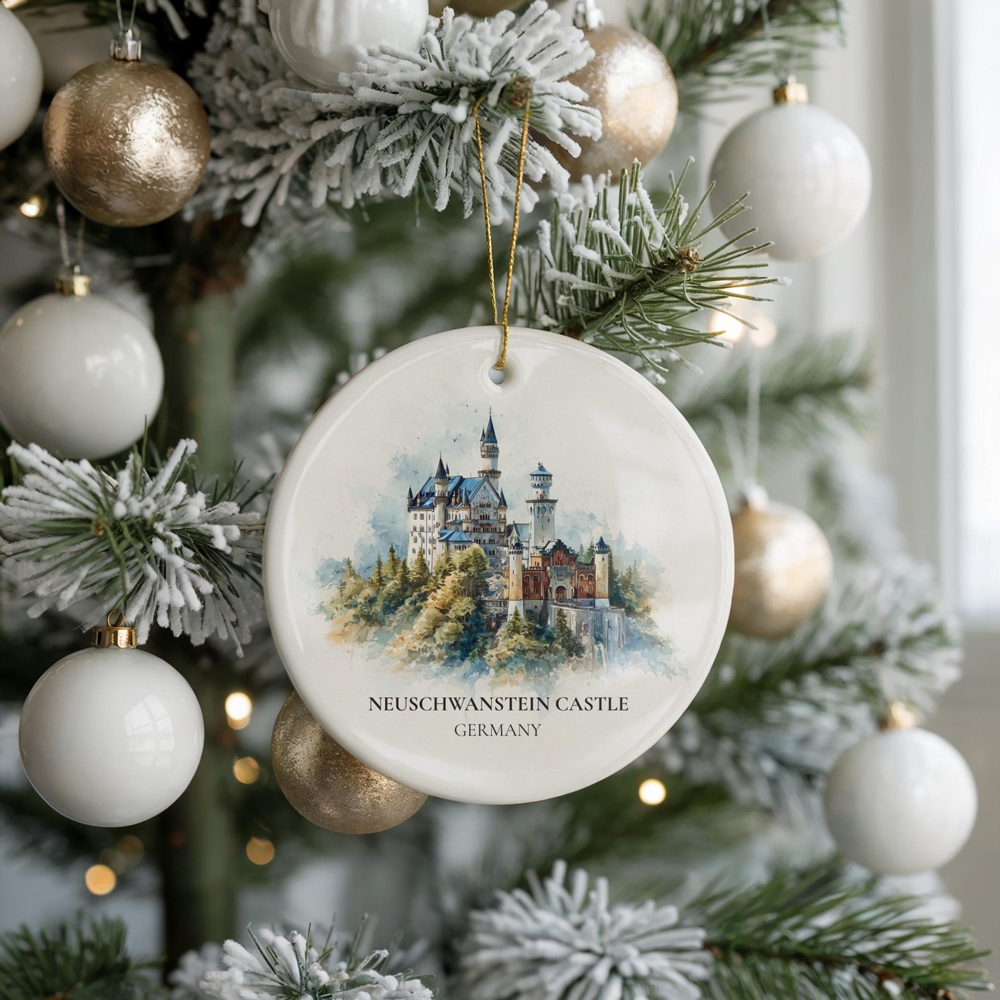 Neuschwanstein Castle Germany Personalized Watercolor Ornament, Custom Ceramic Christmas gift, Travel Keepsake - CuteBeePix