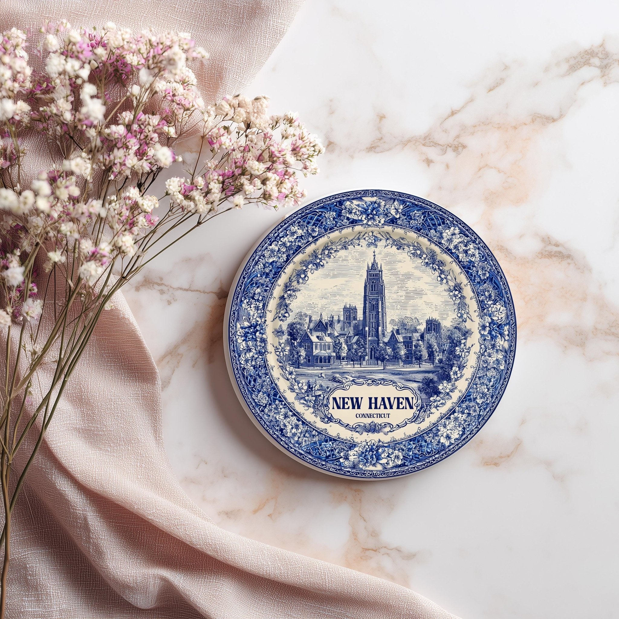 New Haven Connecticut Delftware Ceramic Coaster, Blue White Travel Gift, Vintage Home Decor Collectible - CuteBeePix