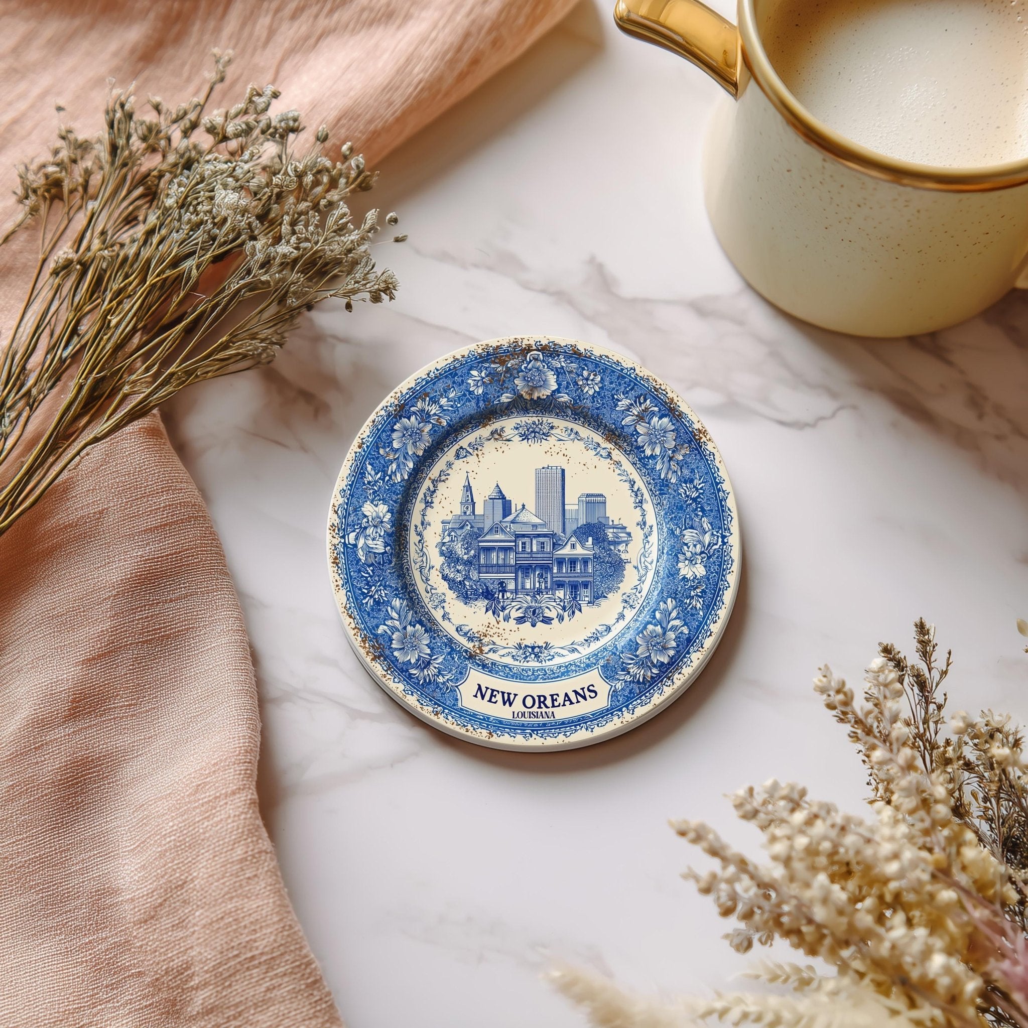New Orleans Louisiana Delftware Ceramic Coaster, Blue White Travel Gift, Vintage Home Decor Collectible - CuteBeePix