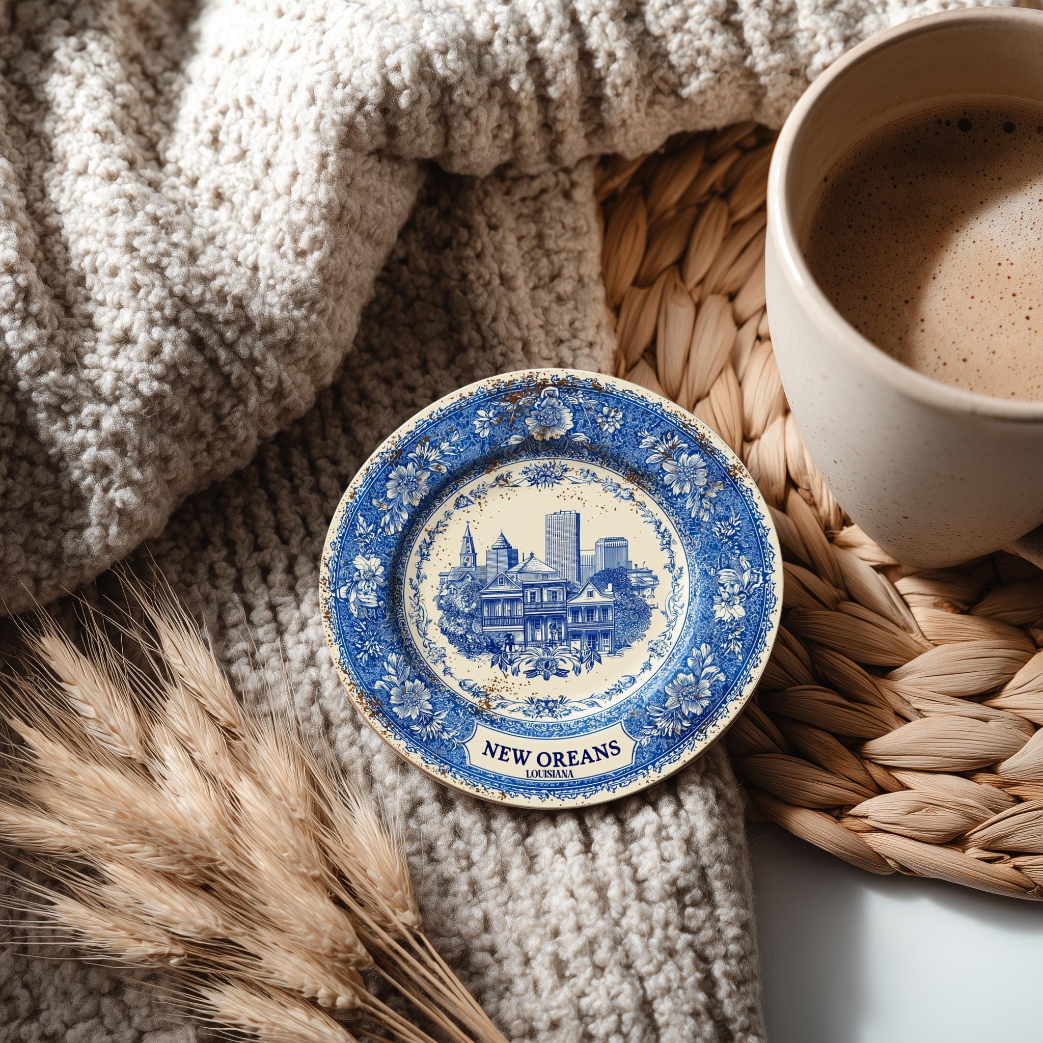 New Orleans Louisiana Delftware Ceramic Coaster, Blue White Travel Gift, Vintage Home Decor Collectible - CuteBeePix