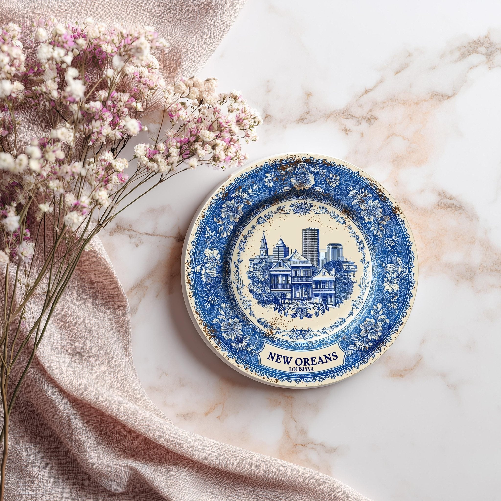 New Orleans Louisiana Delftware Ceramic Coaster, Blue White Travel Gift, Vintage Home Decor Collectible - CuteBeePix