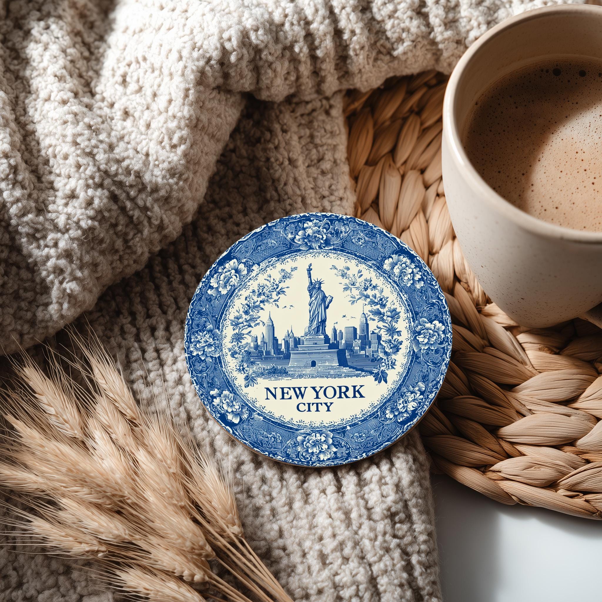 New York City Delftware Ceramic Coaster, Blue White Travel Gift, Vintage Home Decor Collectible - CuteBeePix
