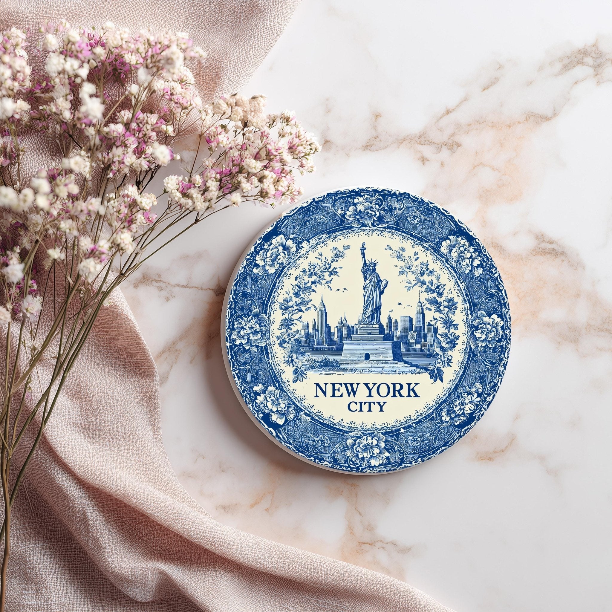New York City Delftware Ceramic Coaster, Blue White Travel Gift, Vintage Home Decor Collectible - CuteBeePix