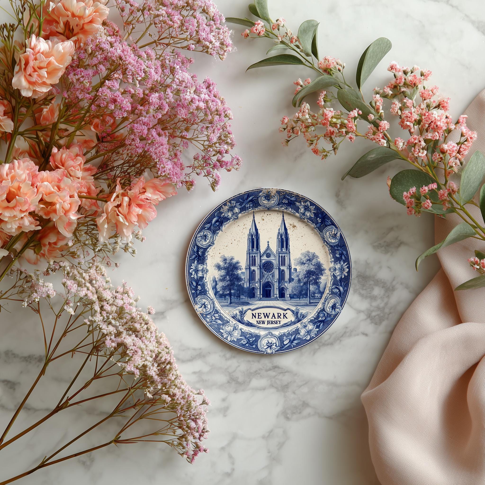 Newark New Jersey Delftware Ceramic Coaster, Blue White Travel Gift, Vintage Home Decor Collectible - CuteBeePix