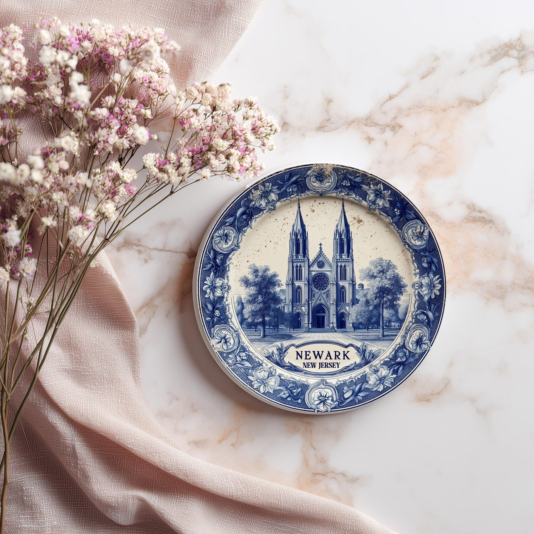 Newark New Jersey Delftware Ceramic Coaster, Blue White Travel Gift, Vintage Home Decor Collectible - CuteBeePix