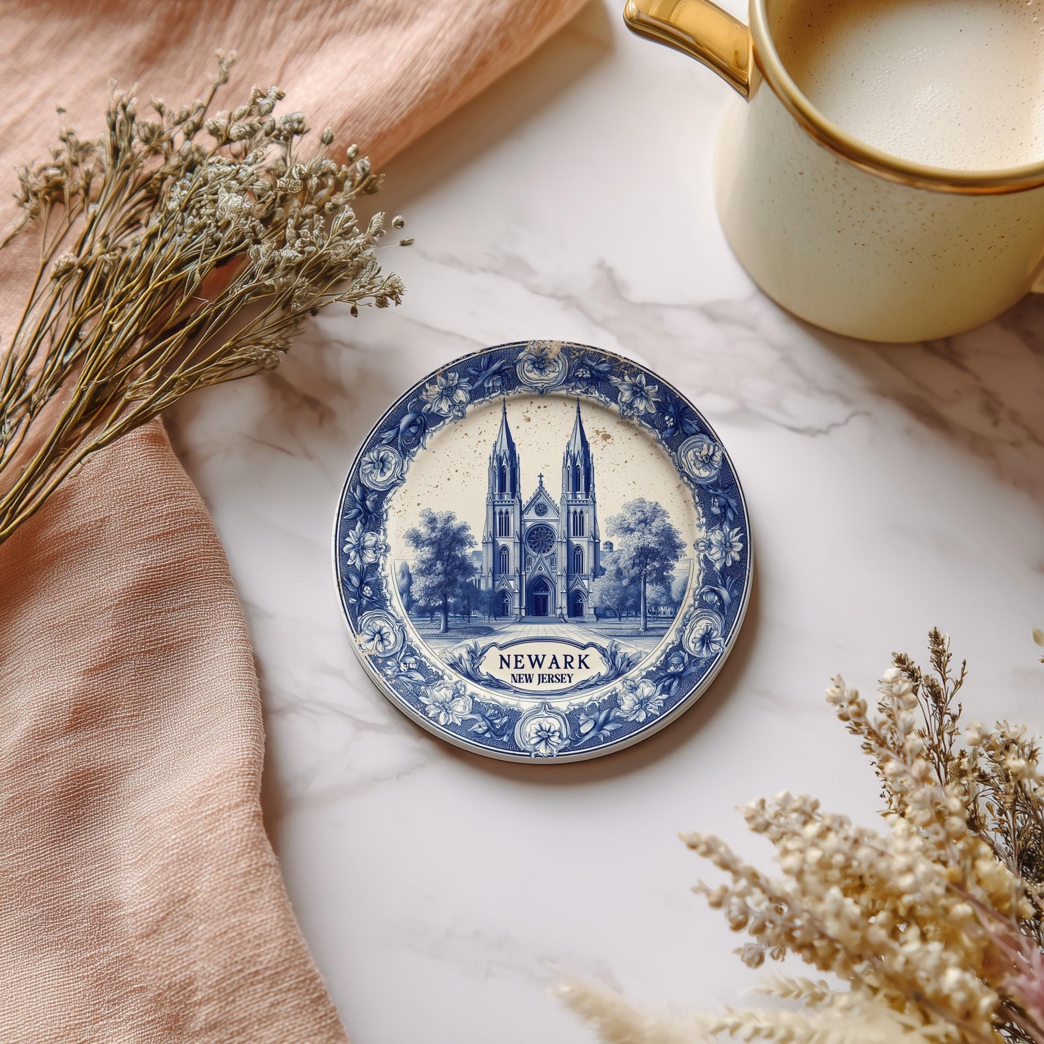 Newark New Jersey Delftware Ceramic Coaster, Blue White Travel Gift, Vintage Home Decor Collectible - CuteBeePix