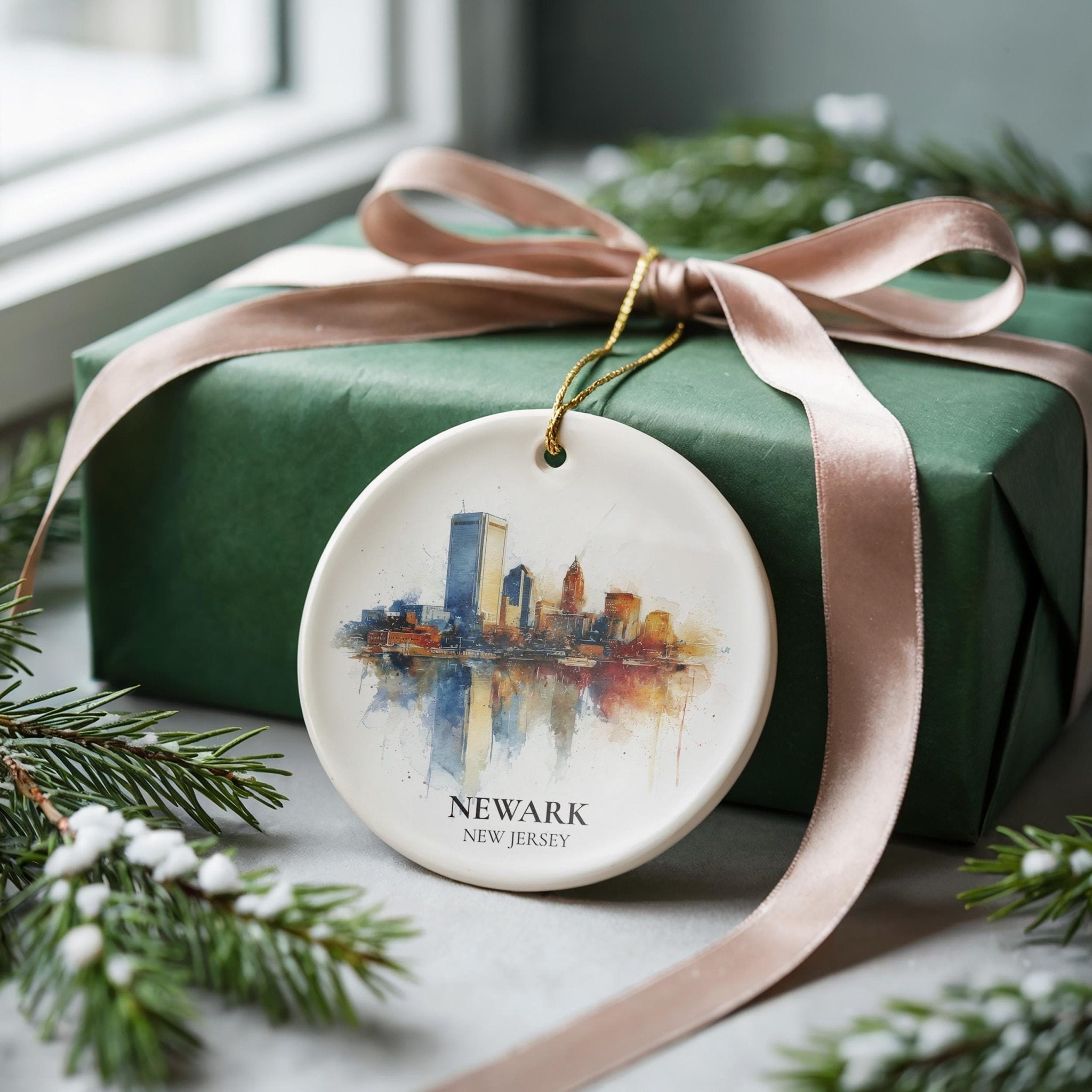 Newark New Jersey Personalized Watercolor Ornament, Custom Ceramic Christmas gift, Travel Keepsake - CuteBeePix