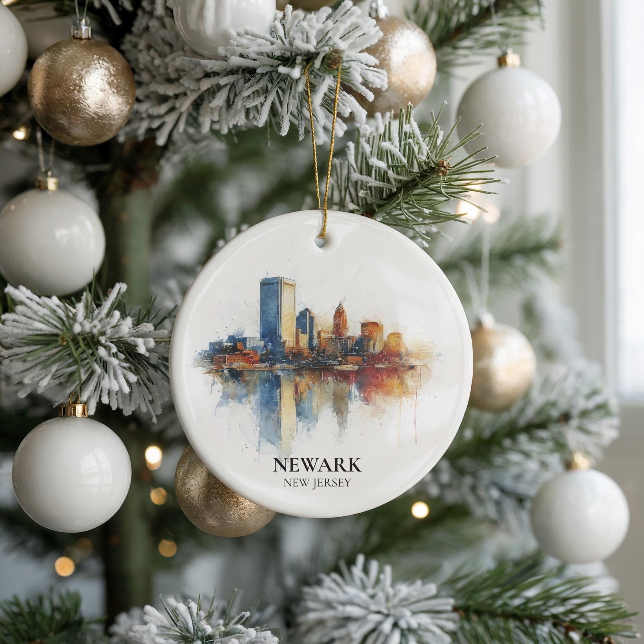 Newark New Jersey Personalized Watercolor Ornament, Custom Ceramic Christmas gift, Travel Keepsake - CuteBeePix