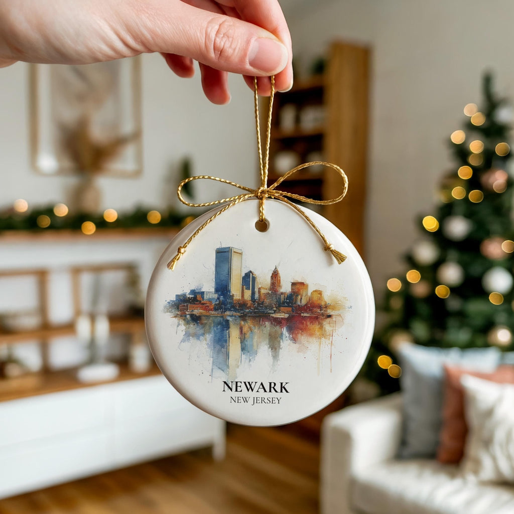 Newark New Jersey Personalized Watercolor Ornament, Custom Ceramic Christmas gift, Travel Keepsake - CuteBeePix