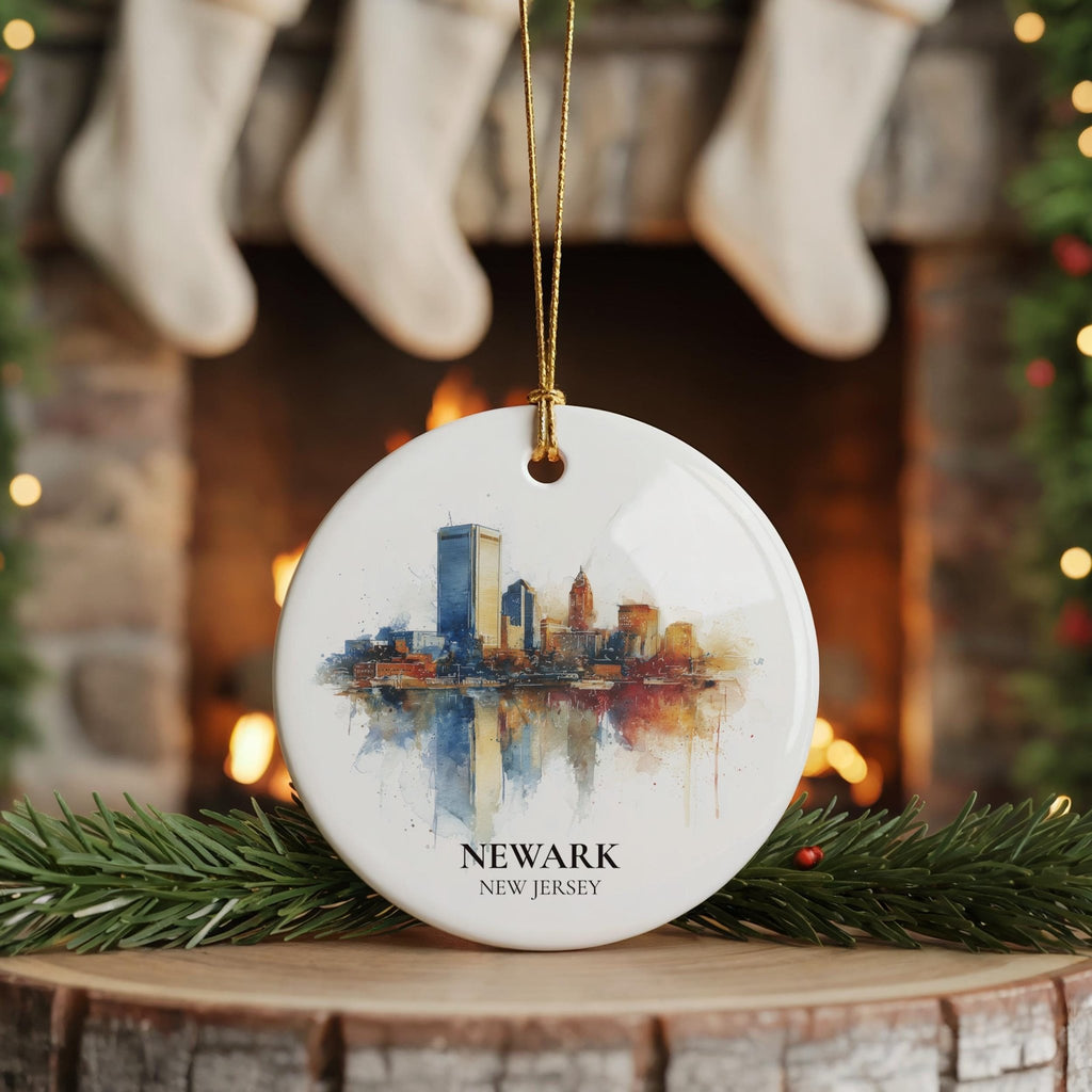 Newark New Jersey Personalized Watercolor Ornament, Custom Ceramic Christmas gift, Travel Keepsake - CuteBeePix