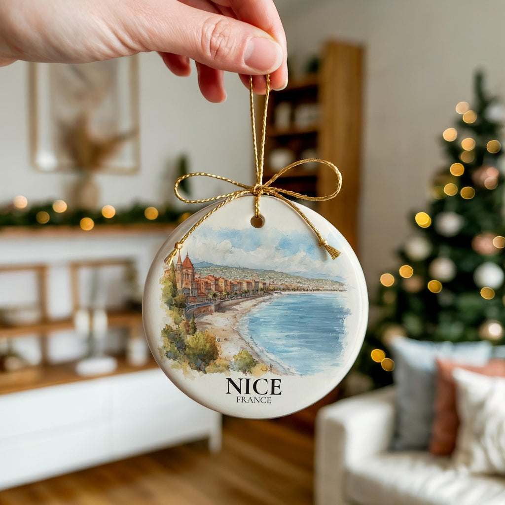 Nice France Personalized Watercolor Ornament, Custom Ceramic Christmas gift, Travel Keepsake - CuteBeePix