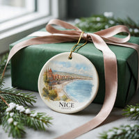 Nice France Personalized Watercolor Ornament, Custom Ceramic Christmas gift, Travel Keepsake - CuteBeePix