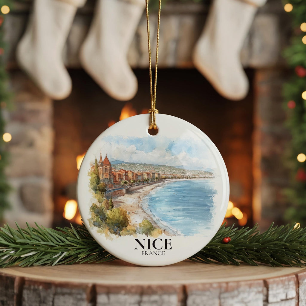 Nice France Personalized Watercolor Ornament, Custom Ceramic Christmas gift, Travel Keepsake - CuteBeePix