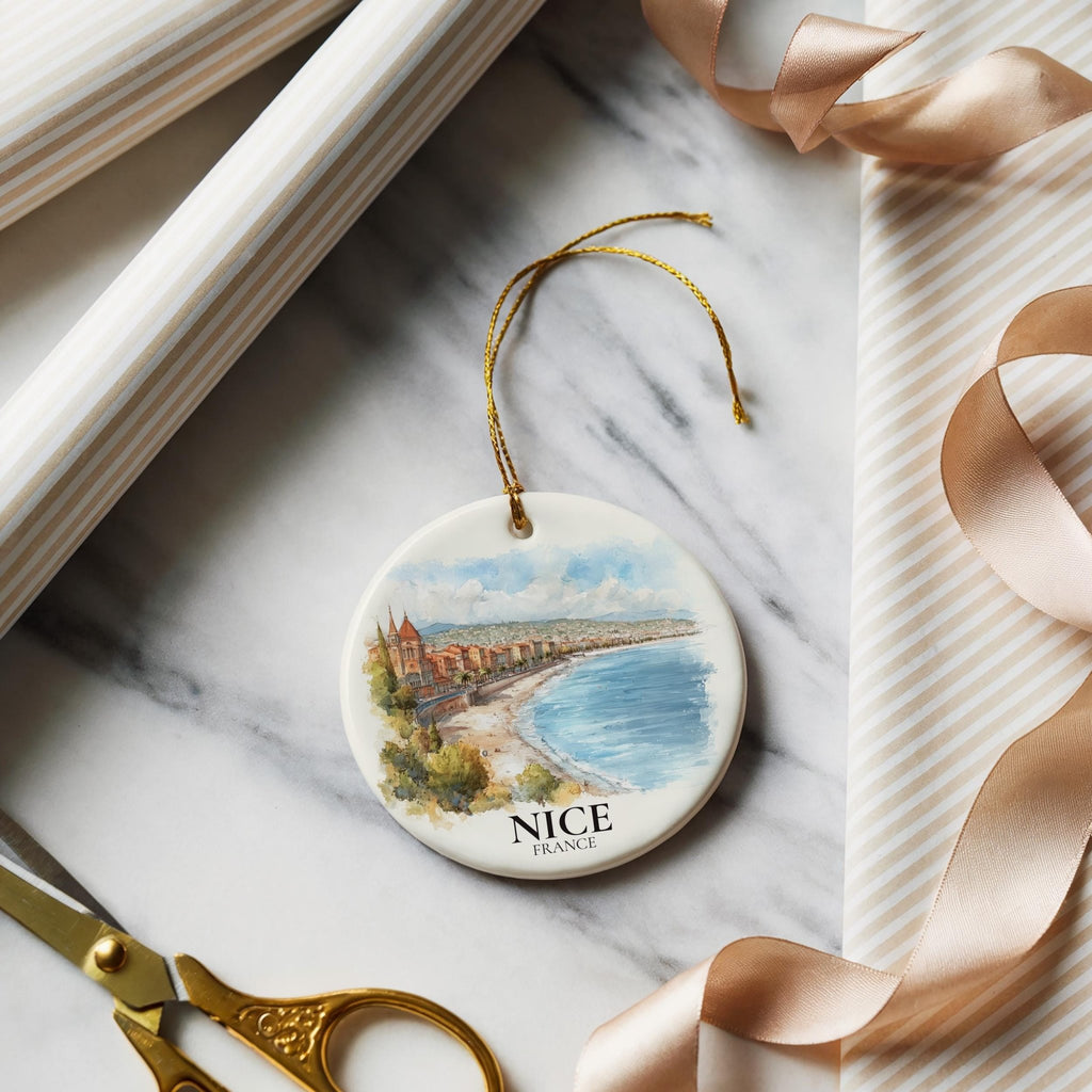 Nice France Personalized Watercolor Ornament, Custom Ceramic Christmas gift, Travel Keepsake - CuteBeePix