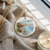 Nice France Personalized Watercolor Ornament, Custom Ceramic Christmas gift, Travel Keepsake - CuteBeePix