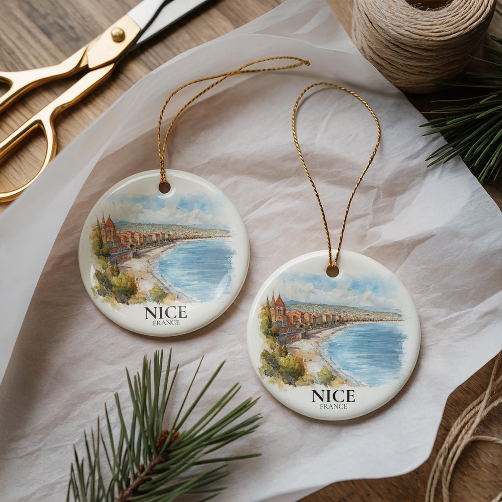 Nice France Personalized Watercolor Ornament, Custom Ceramic Christmas gift, Travel Keepsake - CuteBeePix