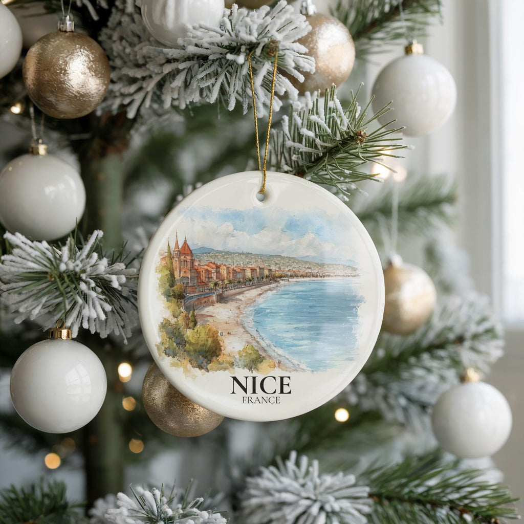 Nice France Personalized Watercolor Ornament, Custom Ceramic Christmas gift, Travel Keepsake - CuteBeePix