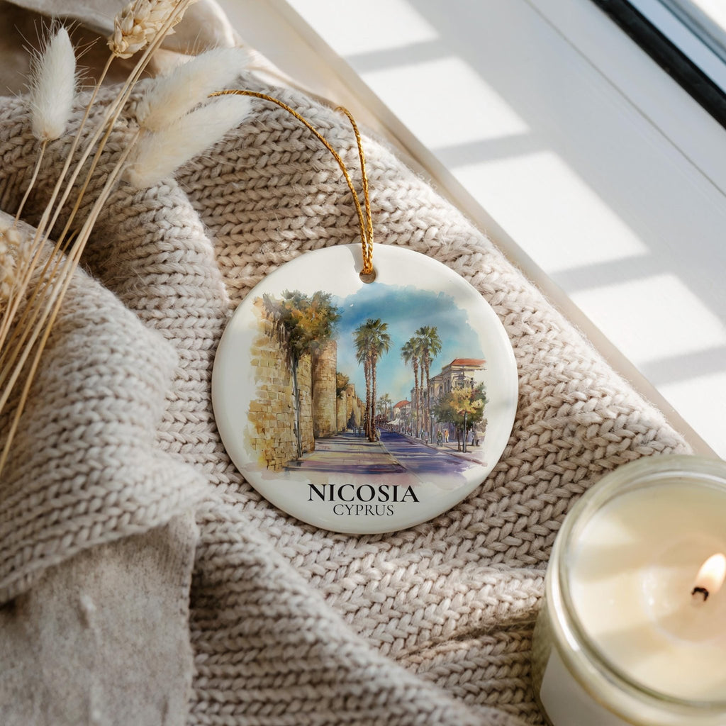 Nicosia Cyprus Personalized Watercolor Ornament, Custom Ceramic Christmas gift, Travel Keepsake - CuteBeePix