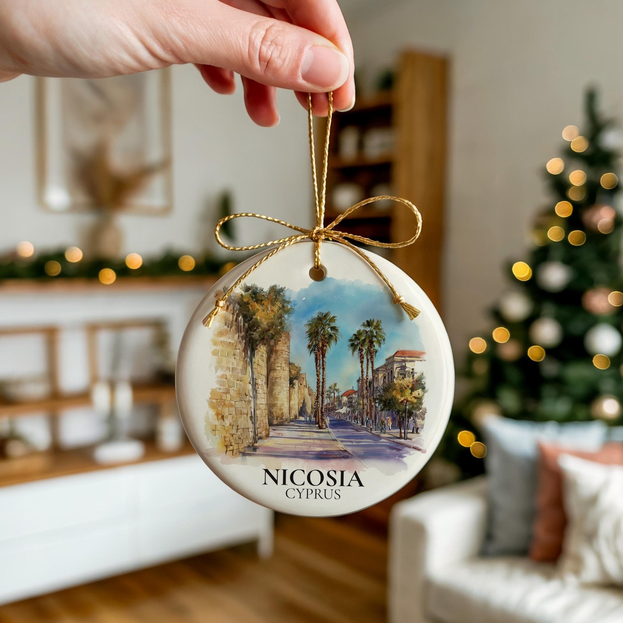 Nicosia Cyprus Personalized Watercolor Ornament, Custom Ceramic Christmas gift, Travel Keepsake - CuteBeePix