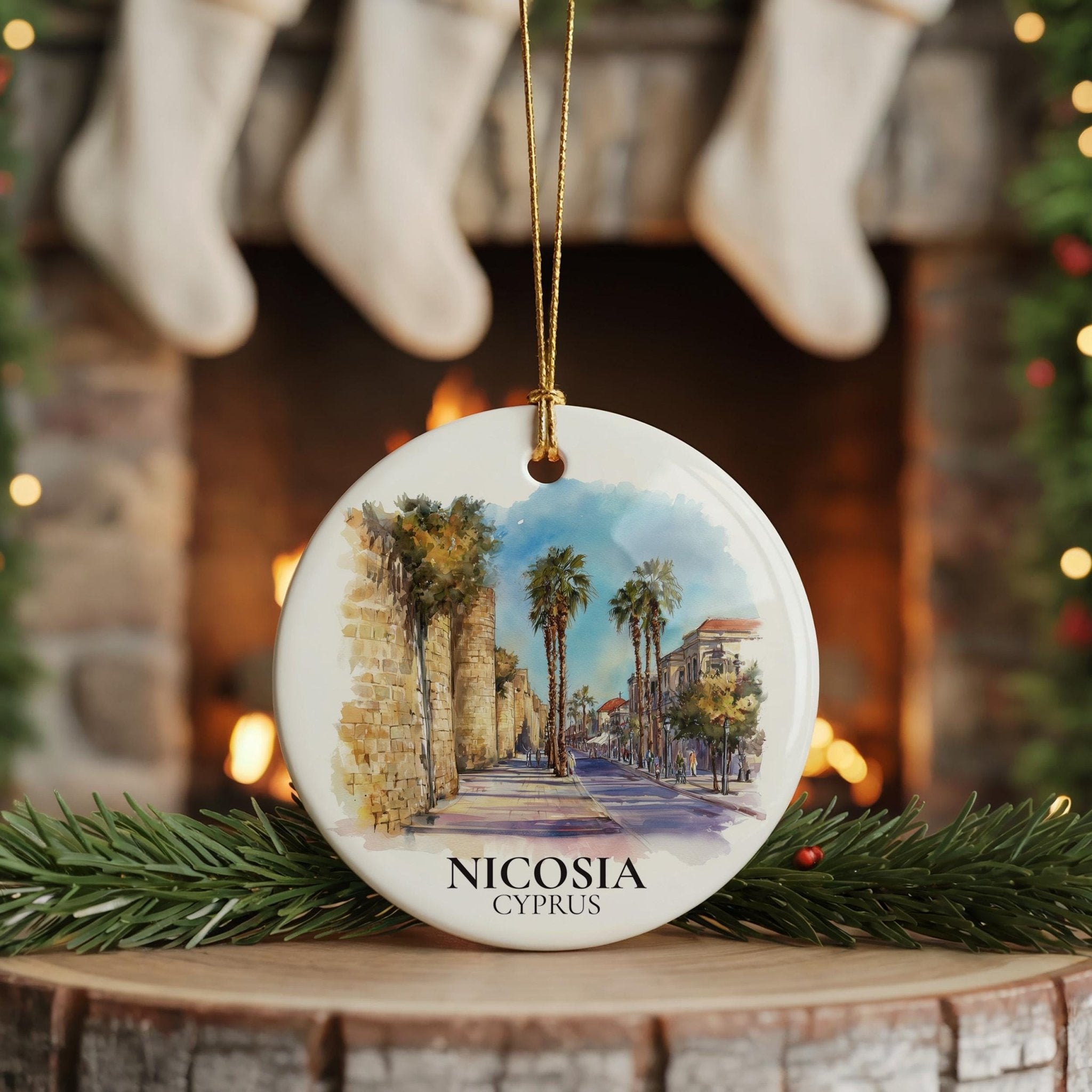 Nicosia Cyprus Personalized Watercolor Ornament, Custom Ceramic Christmas gift, Travel Keepsake - CuteBeePix