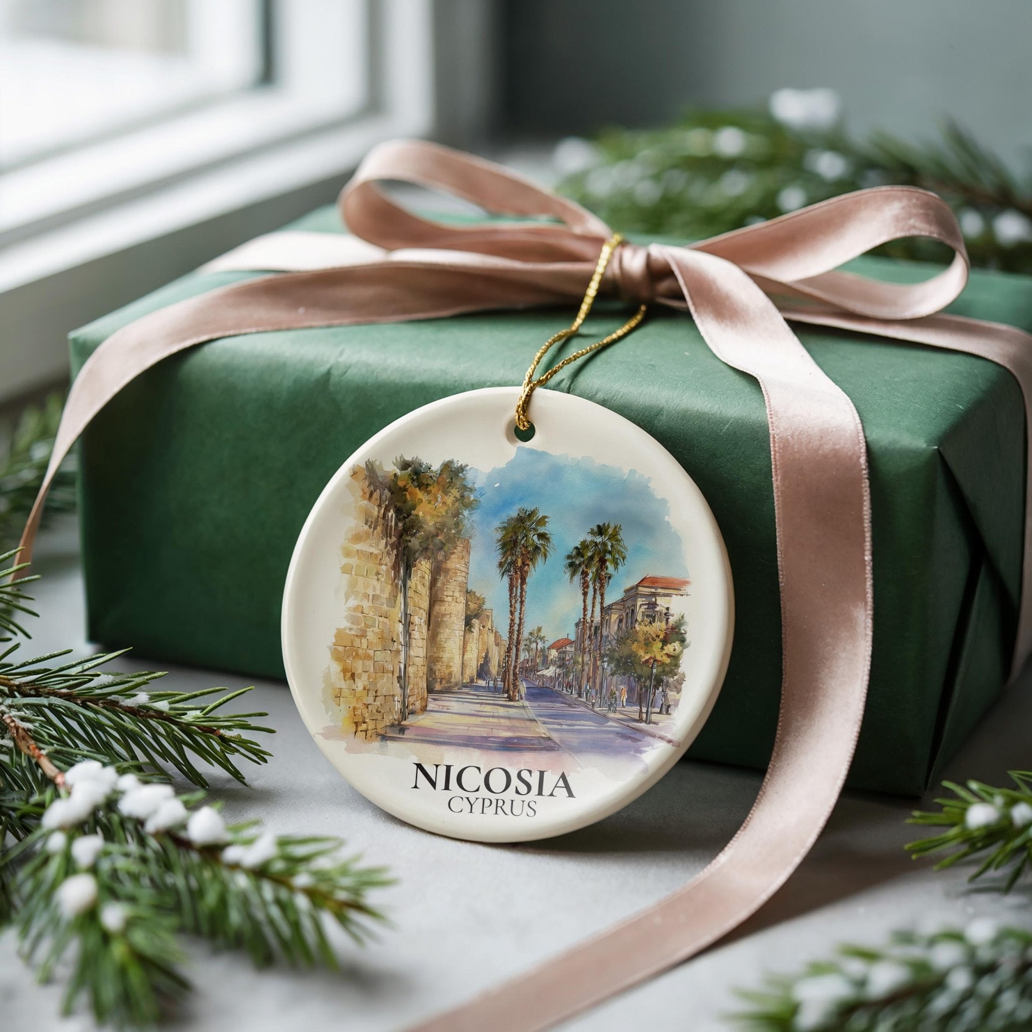 Nicosia Cyprus Personalized Watercolor Ornament, Custom Ceramic Christmas gift, Travel Keepsake - CuteBeePix