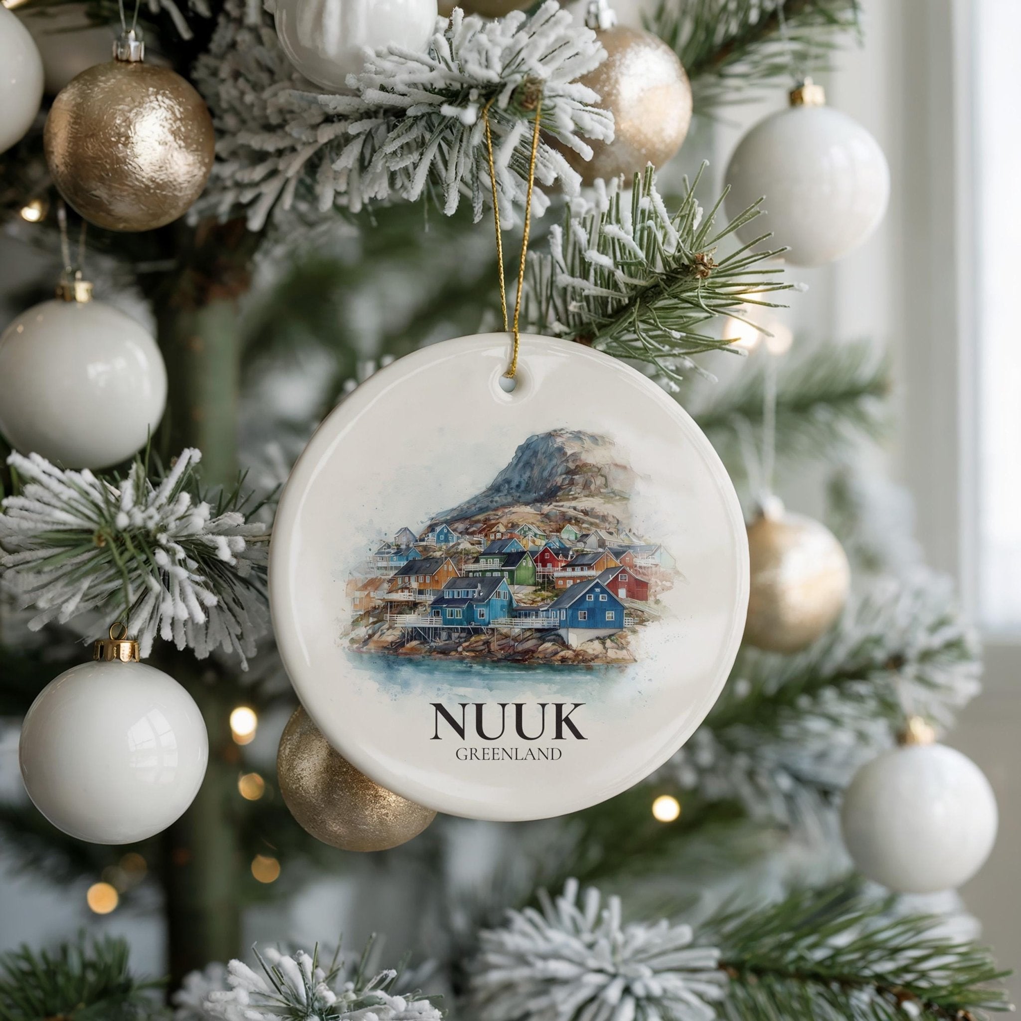Nuuk Greenland Personalized Watercolor Ornament, Custom Ceramic Christmas gift, Travel Keepsake - CuteBeePix