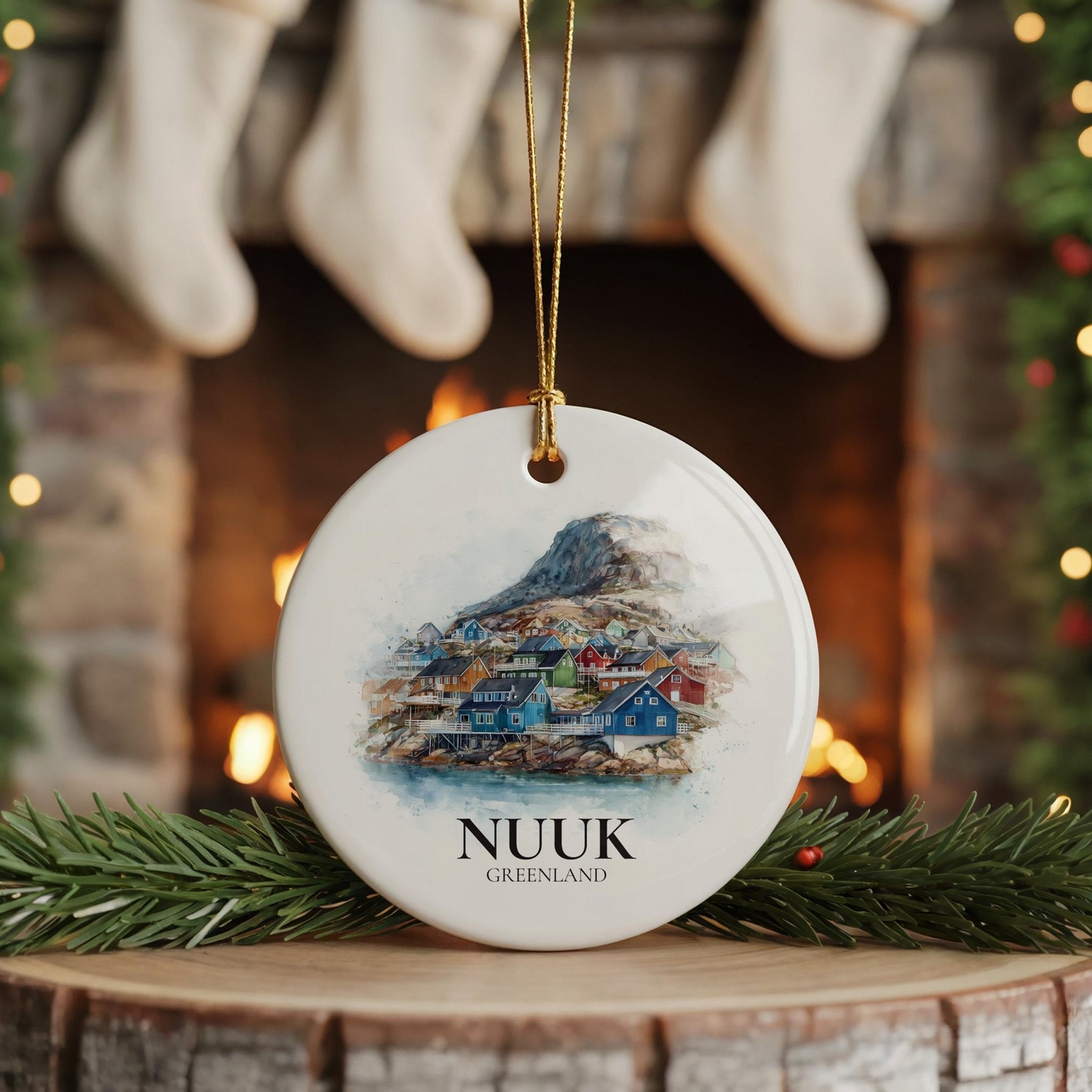 Nuuk Greenland Personalized Watercolor Ornament, Custom Ceramic Christmas gift, Travel Keepsake - CuteBeePix