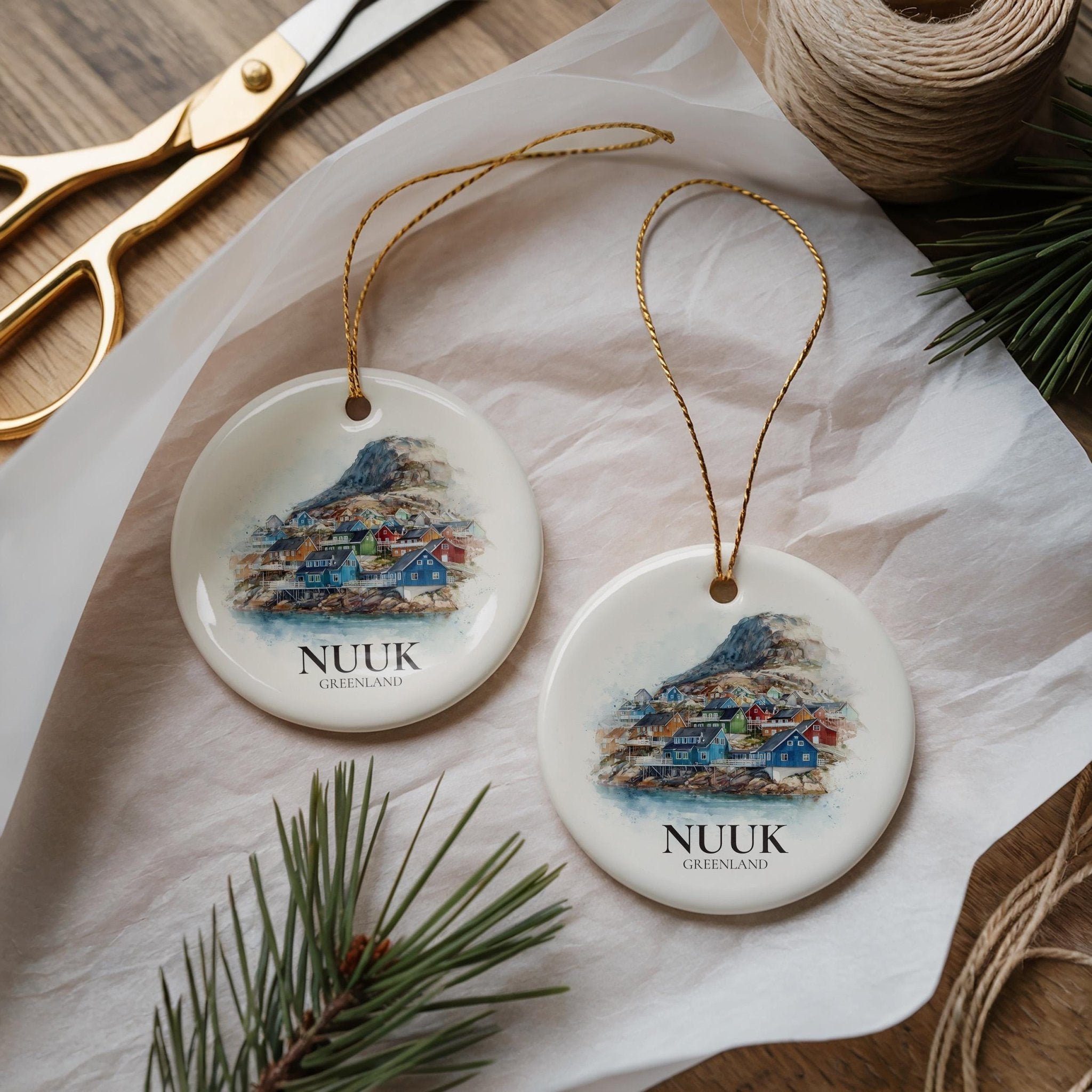 Nuuk Greenland Personalized Watercolor Ornament, Custom Ceramic Christmas gift, Travel Keepsake - CuteBeePix
