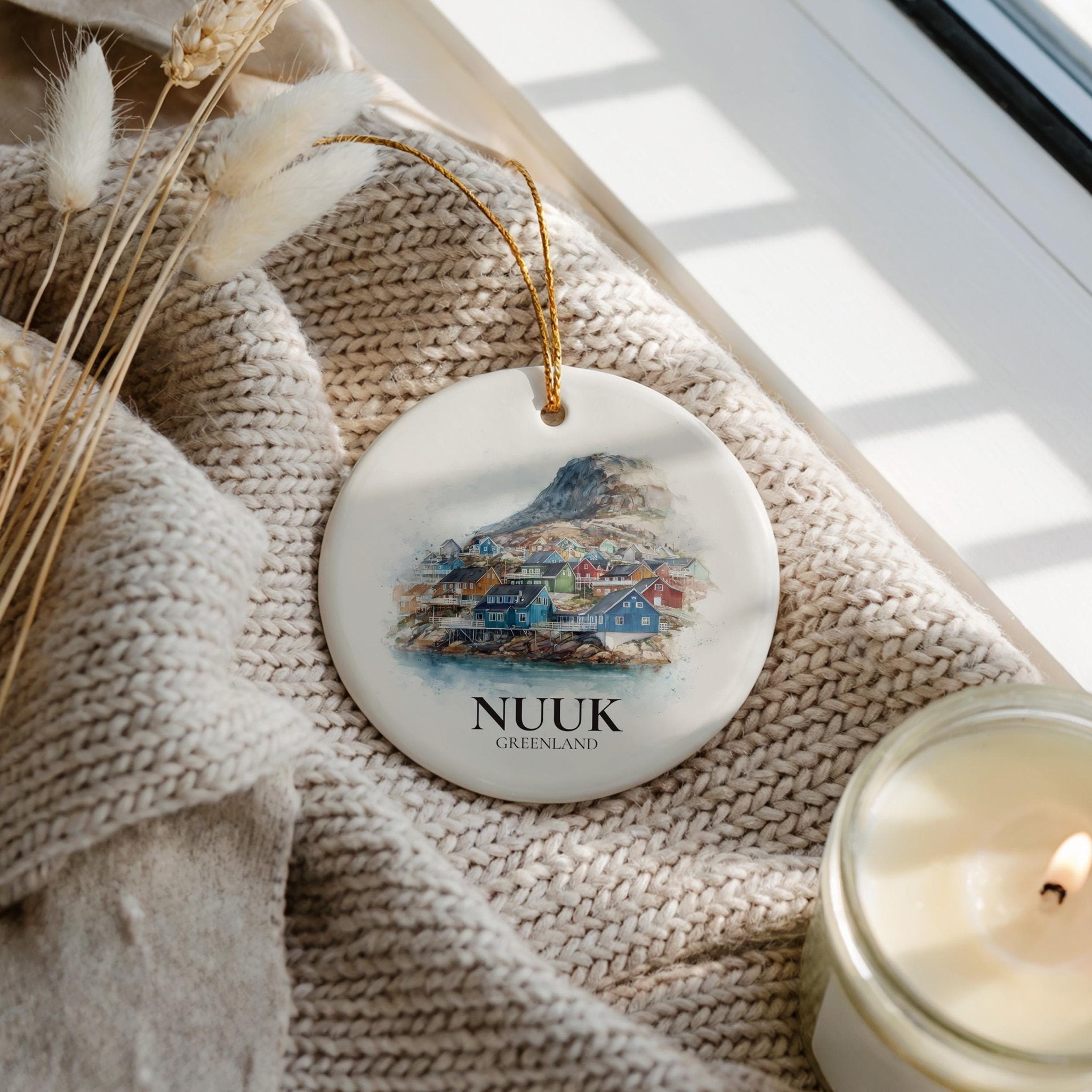 Nuuk Greenland Personalized Watercolor Ornament, Custom Ceramic Christmas gift, Travel Keepsake - CuteBeePix