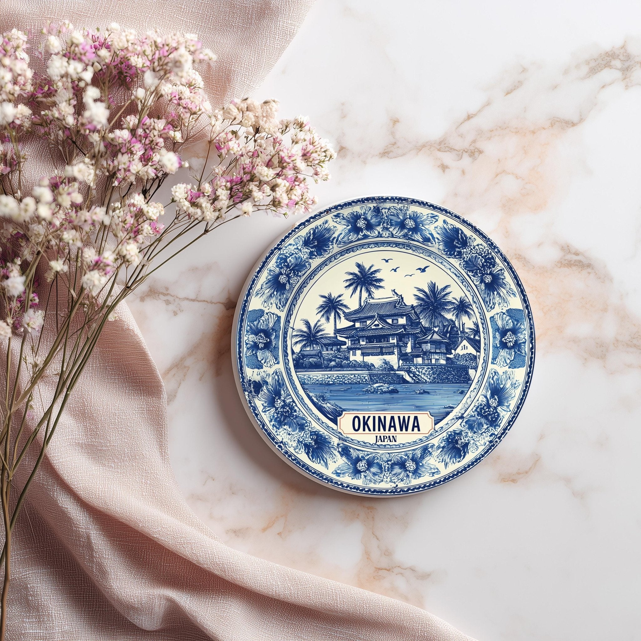 Okinawa Japan Delftware Ceramic Coaster, Blue White Travel Gift, Vintage Home Decor Collectible - CuteBeePix