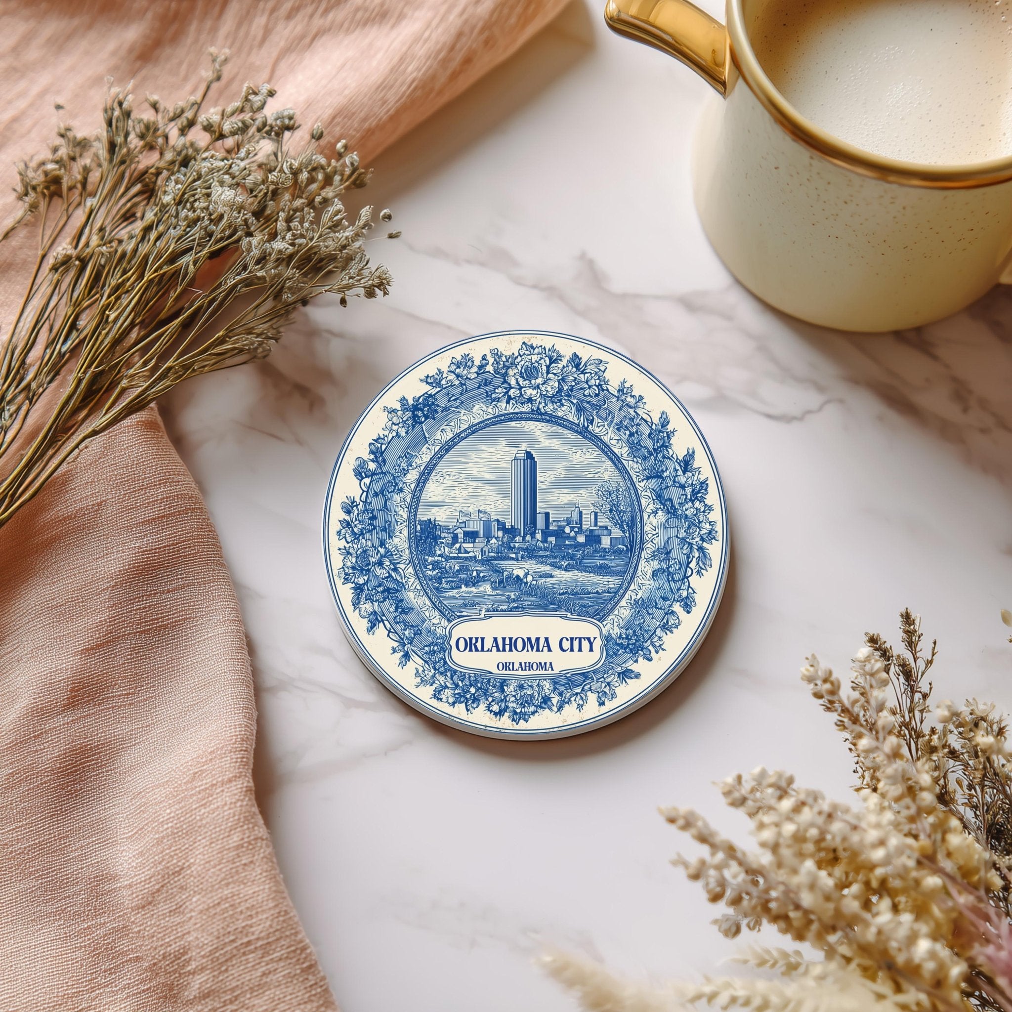 Oklahoma City Delftware Ceramic Coaster, Blue White Travel Gift, Vintage Home Decor Collectible - CuteBeePix