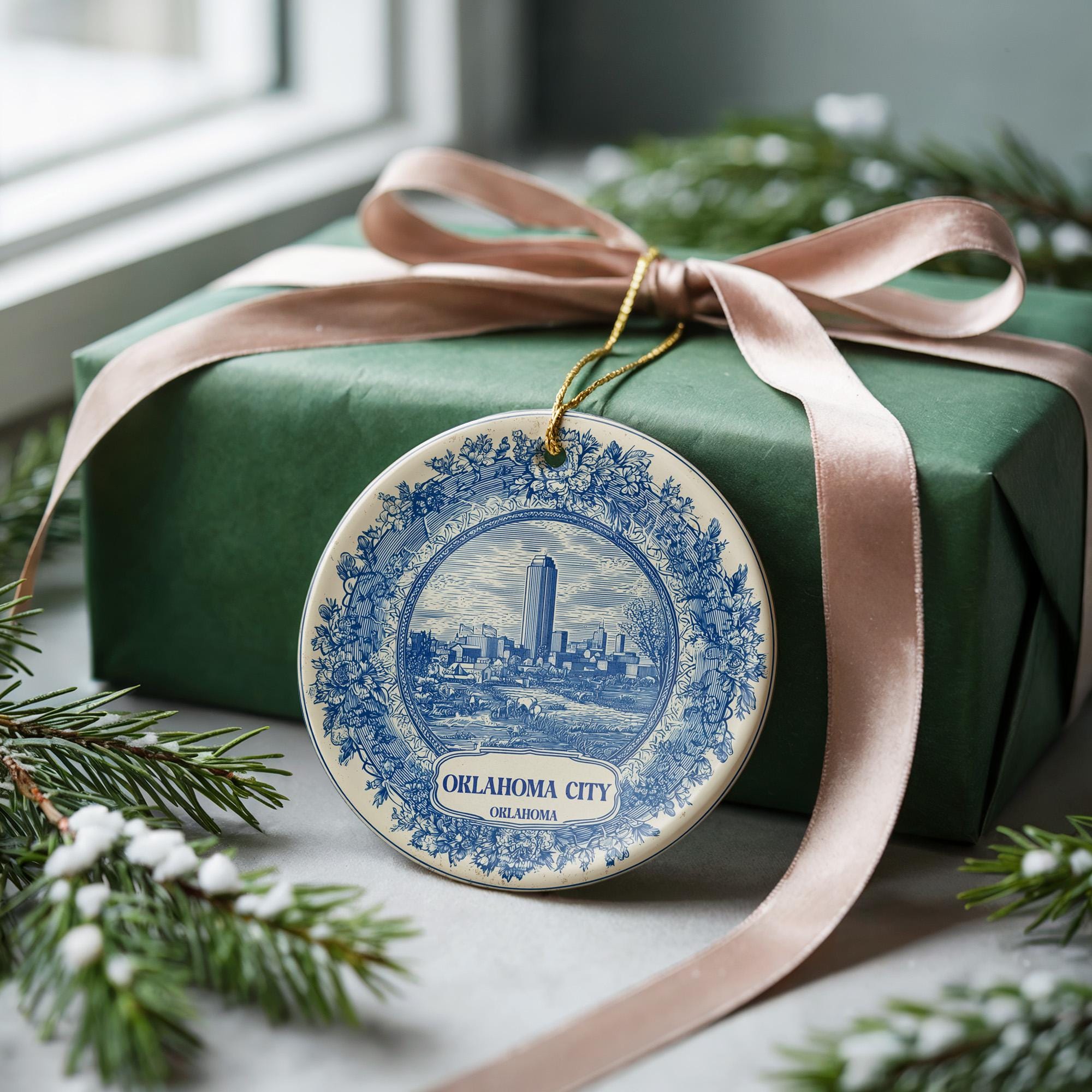 Oklahoma City Delftware Ceramic Ornament: Custom City Travel Keepsake - CuteBeePix