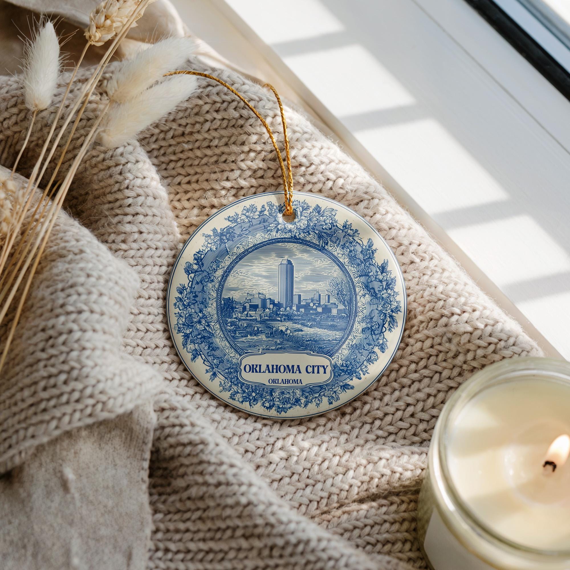 Oklahoma City Delftware Ceramic Ornament: Custom City Travel Keepsake - CuteBeePix