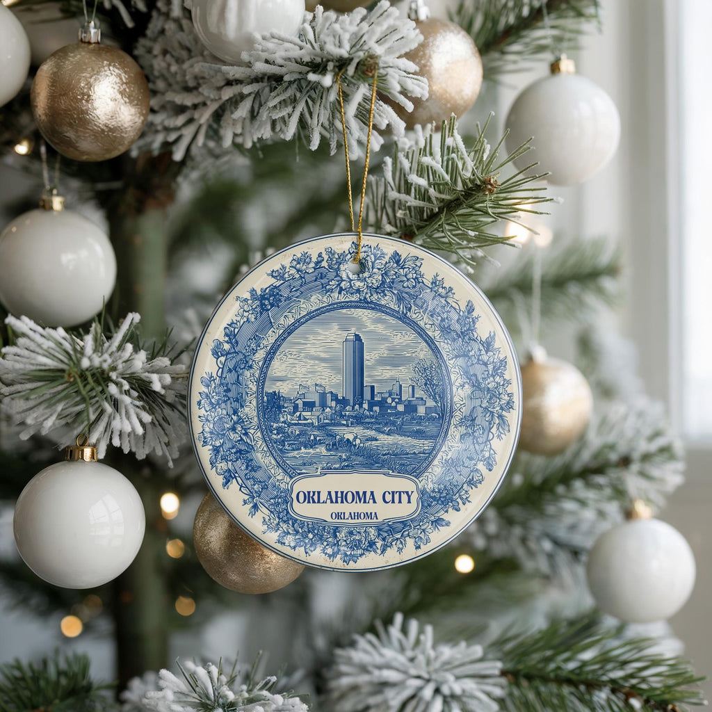 Oklahoma City Delftware Ceramic Ornament: Custom City Travel Keepsake - CuteBeePix