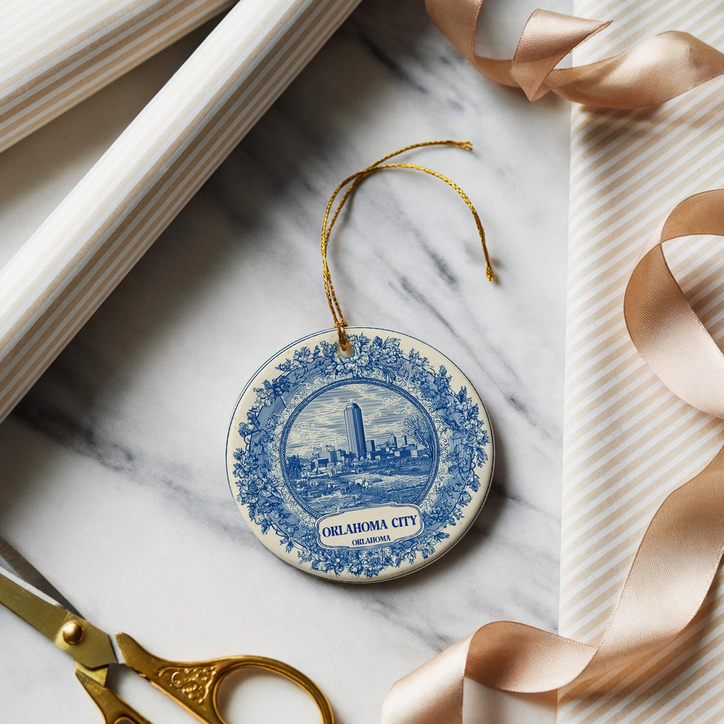 Oklahoma City Delftware Ceramic Ornament: Custom City Travel Keepsake - CuteBeePix