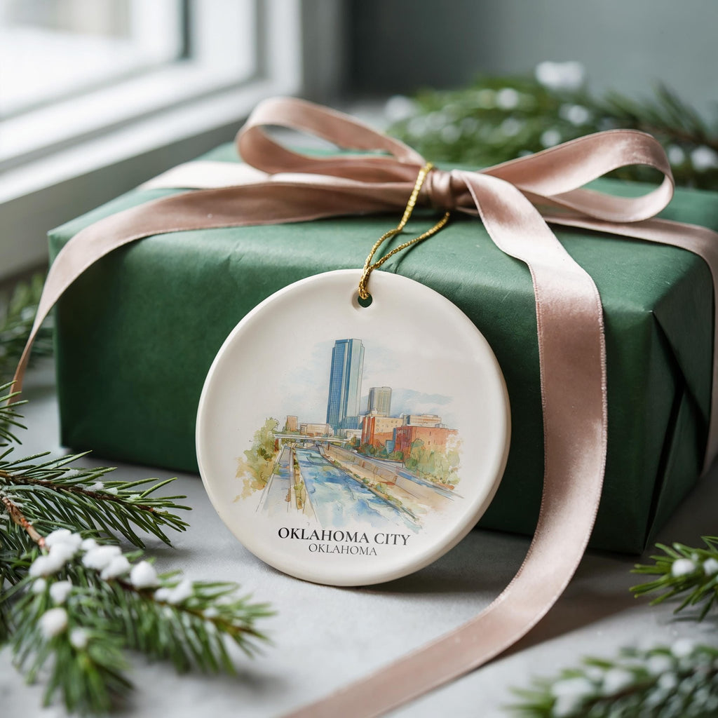 Oklahoma City Oklahoma Personalized Watercolor Ornament, Custom Ceramic Christmas gift, Travel Keepsake - CuteBeePix